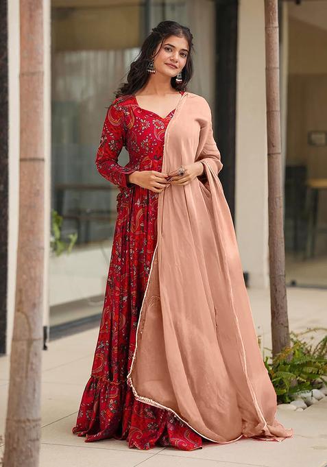Red Digital Print Rayon Kurta With Dupatta