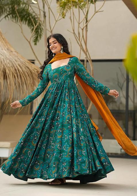 Teal Digital Print Rayon Kurta With Dupatta