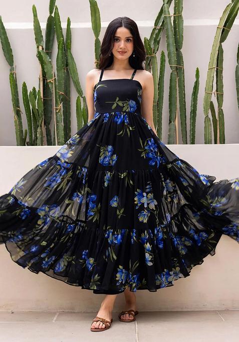 Black Digital Print Georgette Kurta