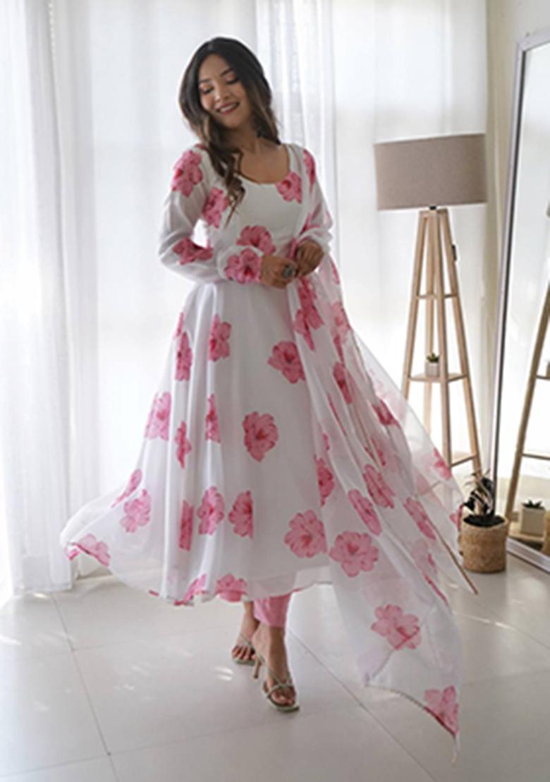 White Printed Georgette Ethnic Gown - Indya