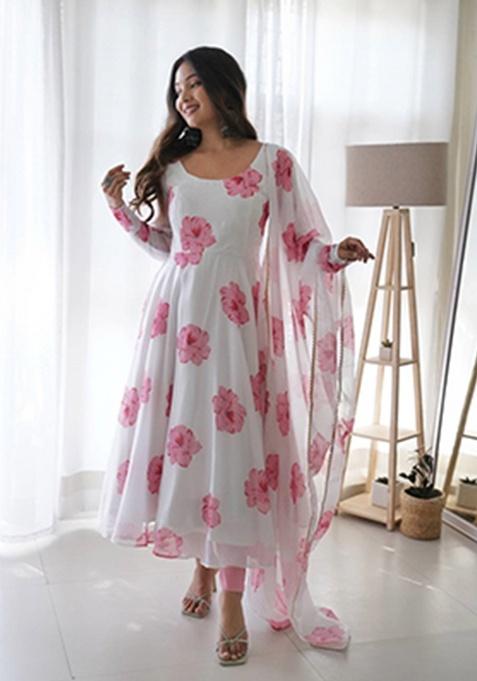 White Printed Georgette Ethnic Gown