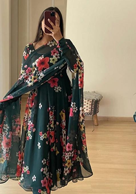 Green Printed Georgette Ethnic Gown