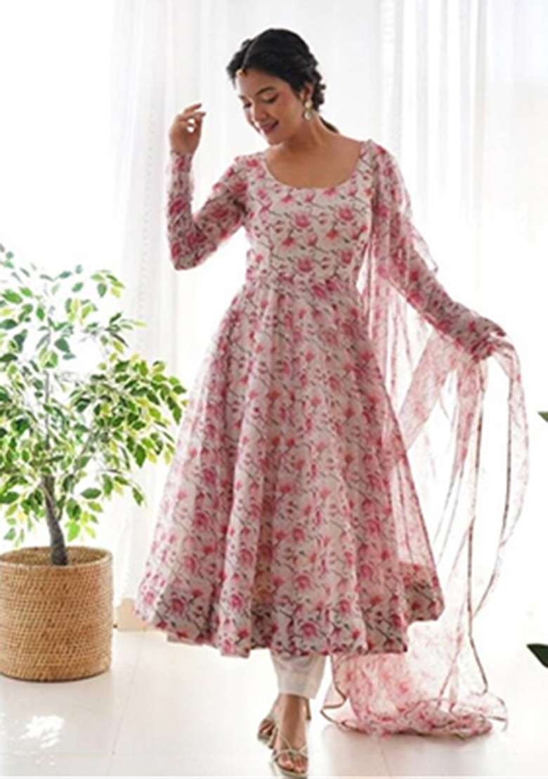 Pink And White Printed Georgette Ethnic Gown - Indya