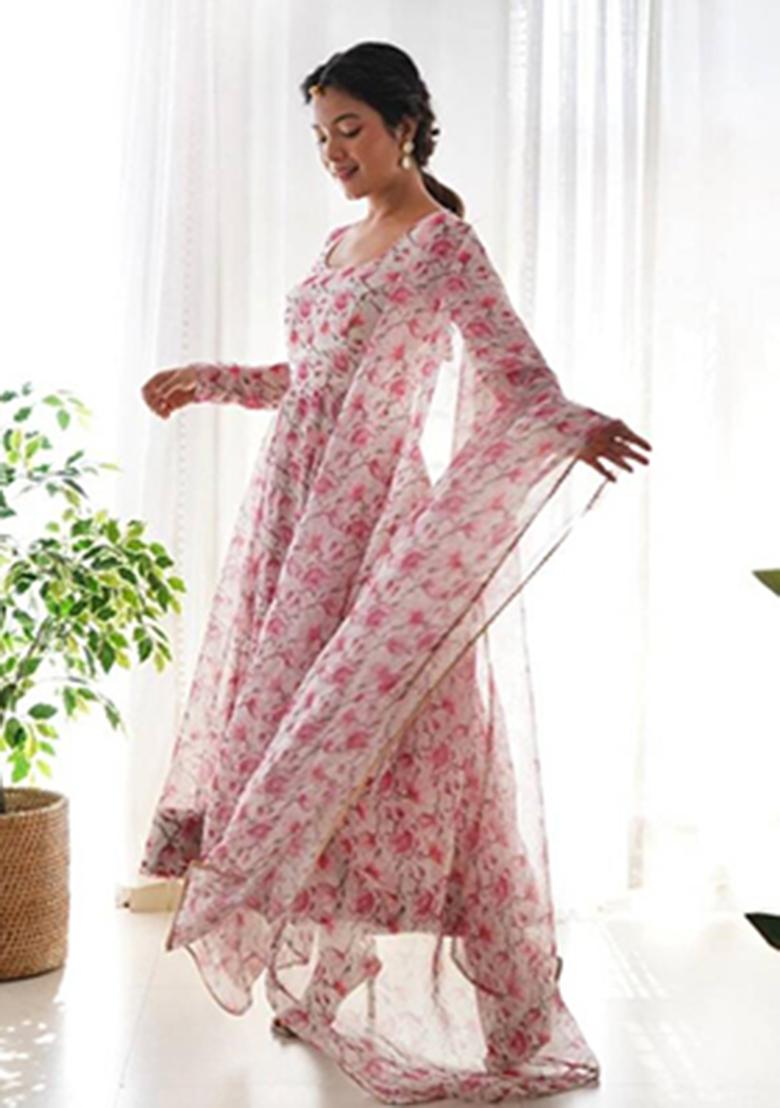 Pink And White Printed Georgette Ethnic Gown - Indya