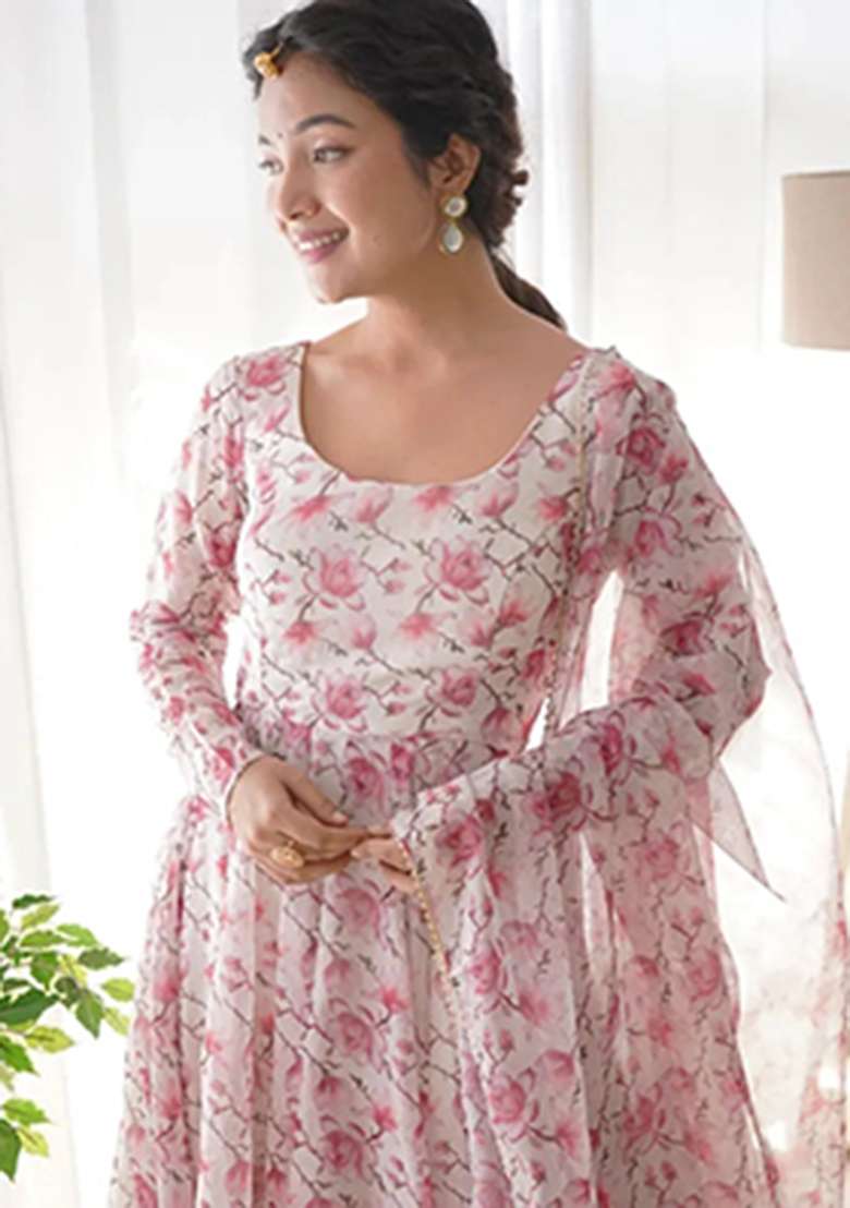 Pink And White Printed Georgette Ethnic Gown - Indya