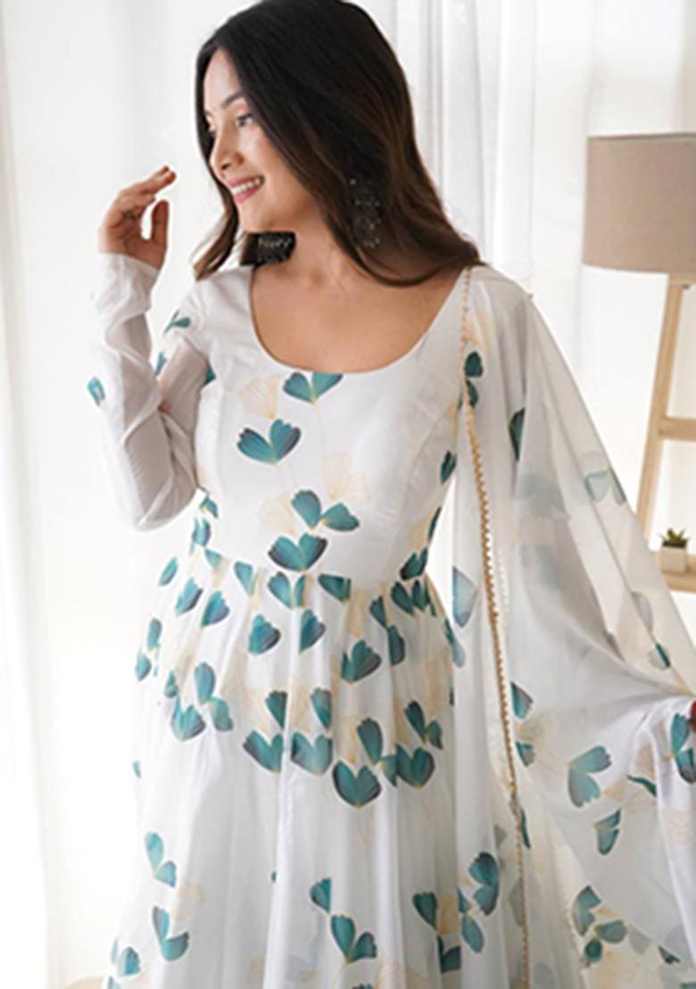 White Printed Georgette Ethnic Gown - Indya