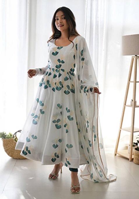 White Printed Georgette Ethnic Gown