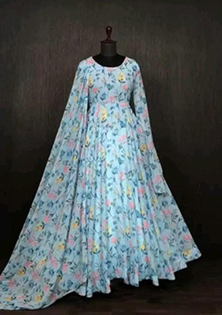 Multicolor Printed Georgette Ethnic Gown - Indya