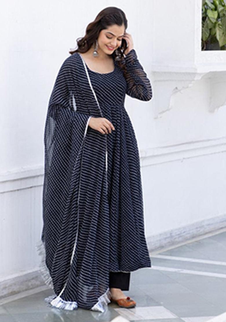 Black Printed Georgette Ethnic Gown - Indya