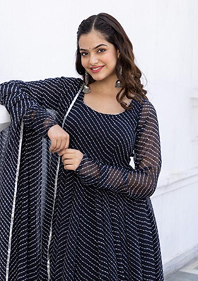 Black Printed Georgette Ethnic Gown - Indya