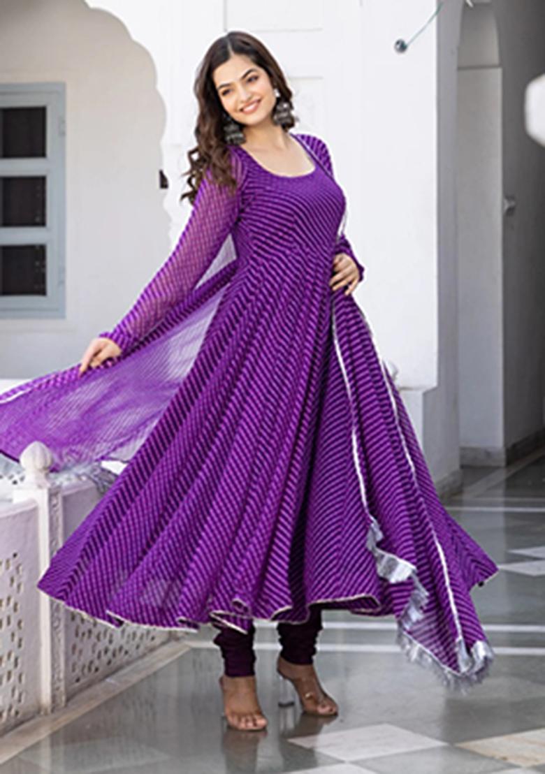 Purple Printed Georgette Ethnic Gown - Indya