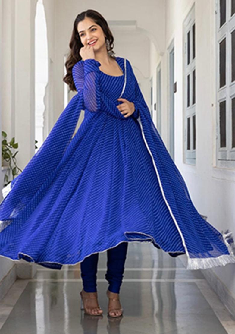 Blue Printed Georgette Ethnic Gown - Indya