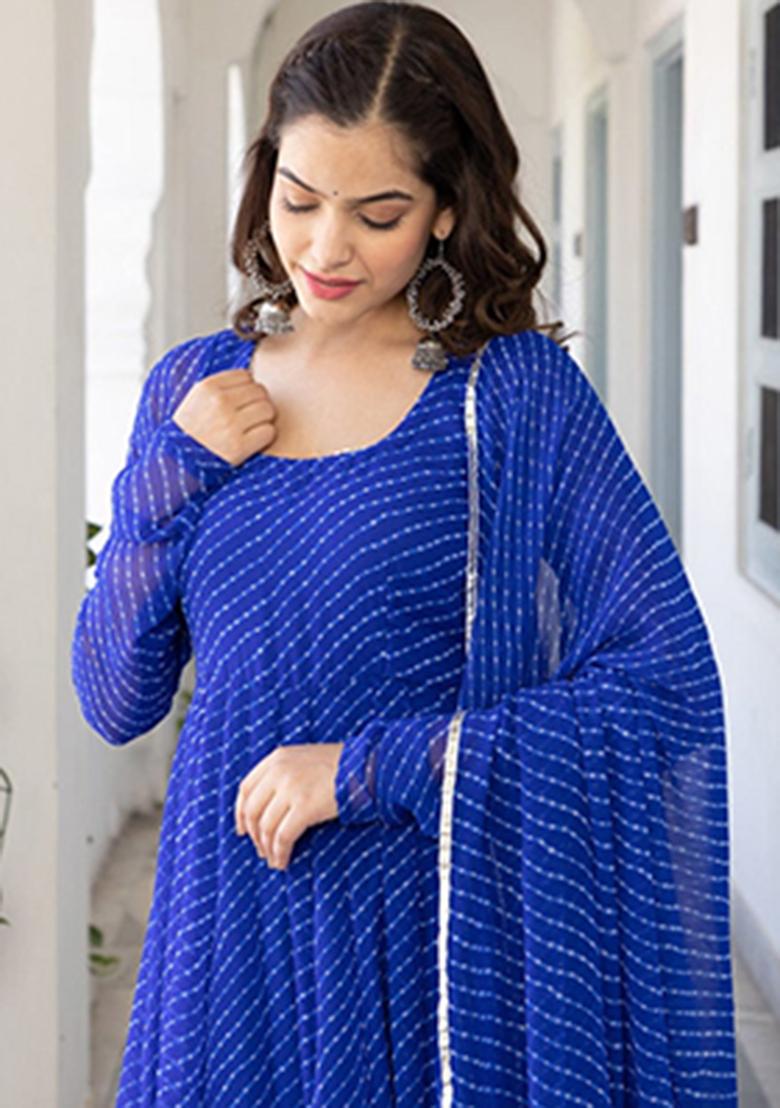 Blue Printed Georgette Ethnic Gown - Indya