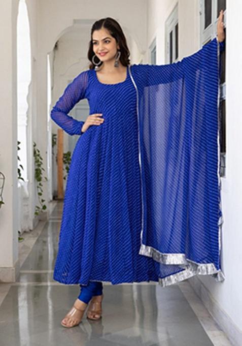 Blue Printed Georgette Ethnic Gown