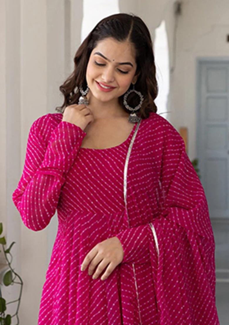 Pink Printed Georgette Ethnic Gown - Indya