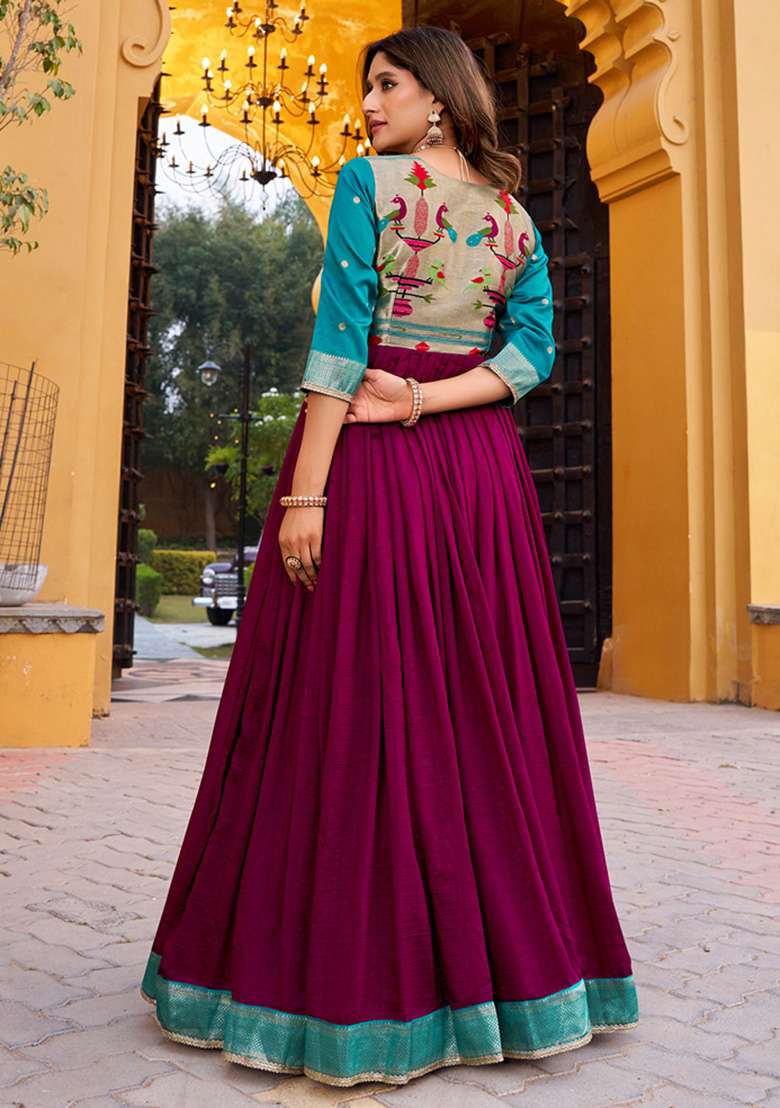 Wine Weaving Work Silk Gown - Indya