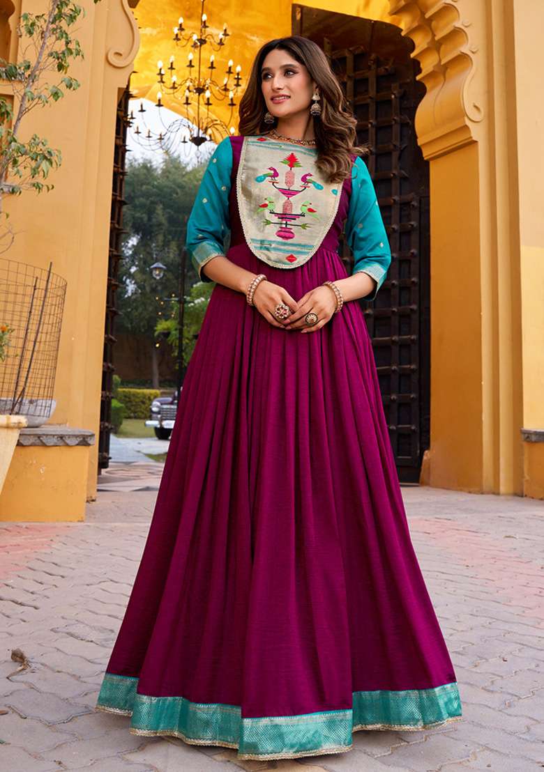 Wine Weaving Work Silk Gown - Indya