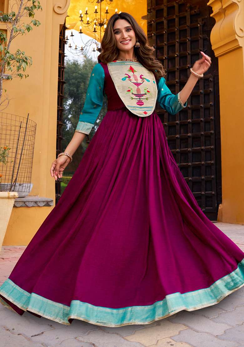 Wine Weaving Work Silk Gown - Indya