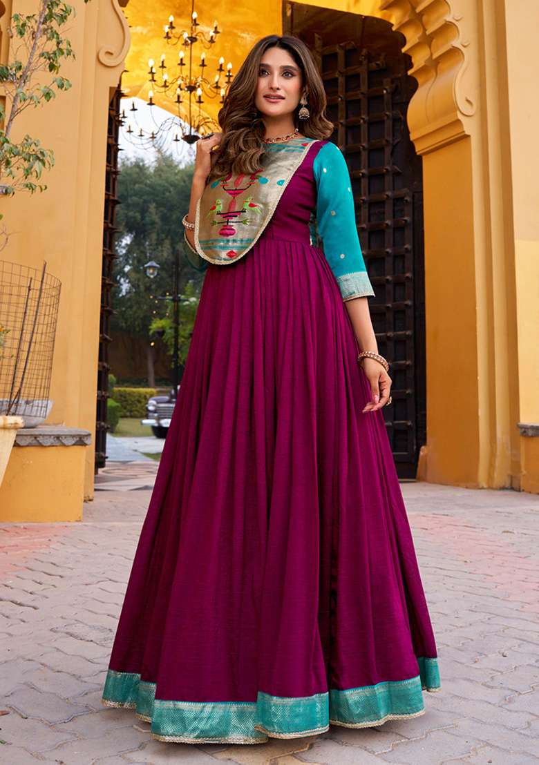Wine Weaving Work Silk Gown - Indya