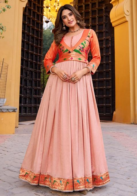 Peach Weaving Work Silk Gown