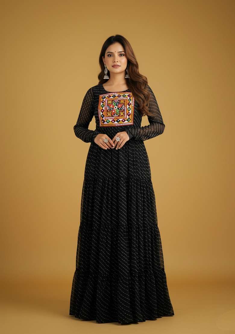 Black Motif Georgette Gown - Indya