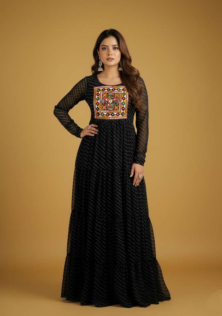 Black Motif Georgette Gown - Indya