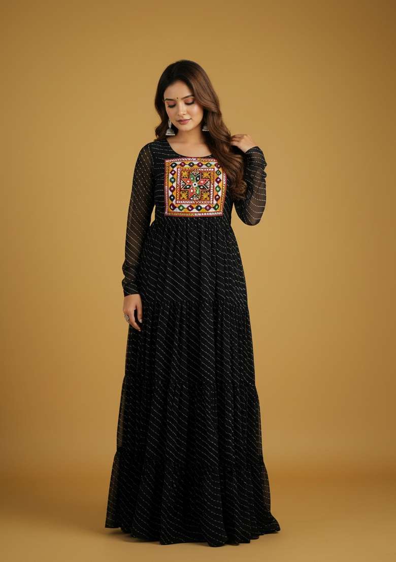Black Motif Georgette Gown - Indya