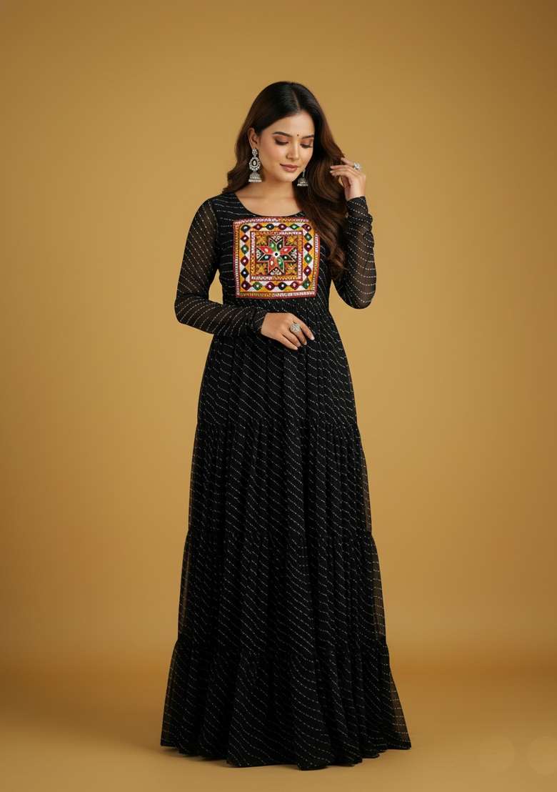 Black Motif Georgette Gown - Indya