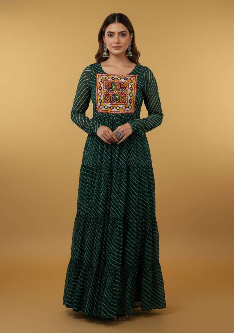 Green Motif Georgette Gown - Indya