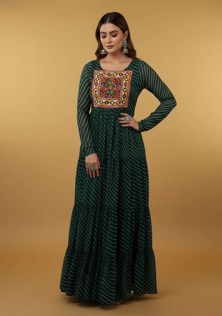 Green Motif Georgette Gown - Indya