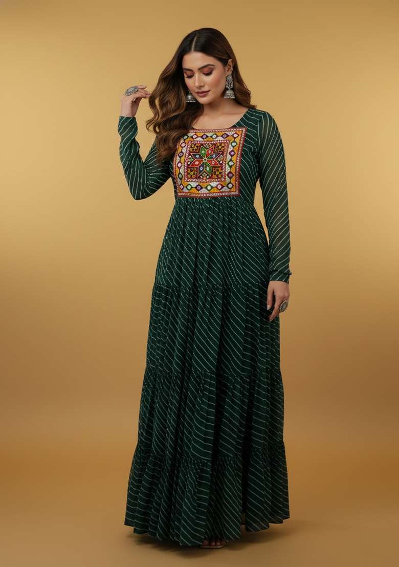 Green Motif Georgette Gown - Indya