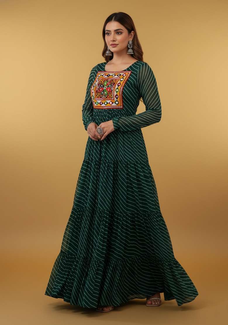 Green Motif Georgette Gown - Indya