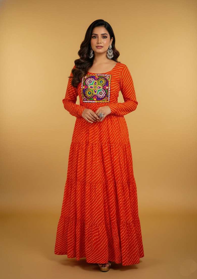 Orange Motif Georgette Gown - Indya