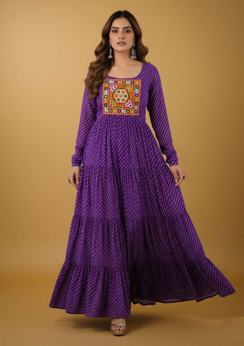 Purple Motif Georgette Gown - Indya