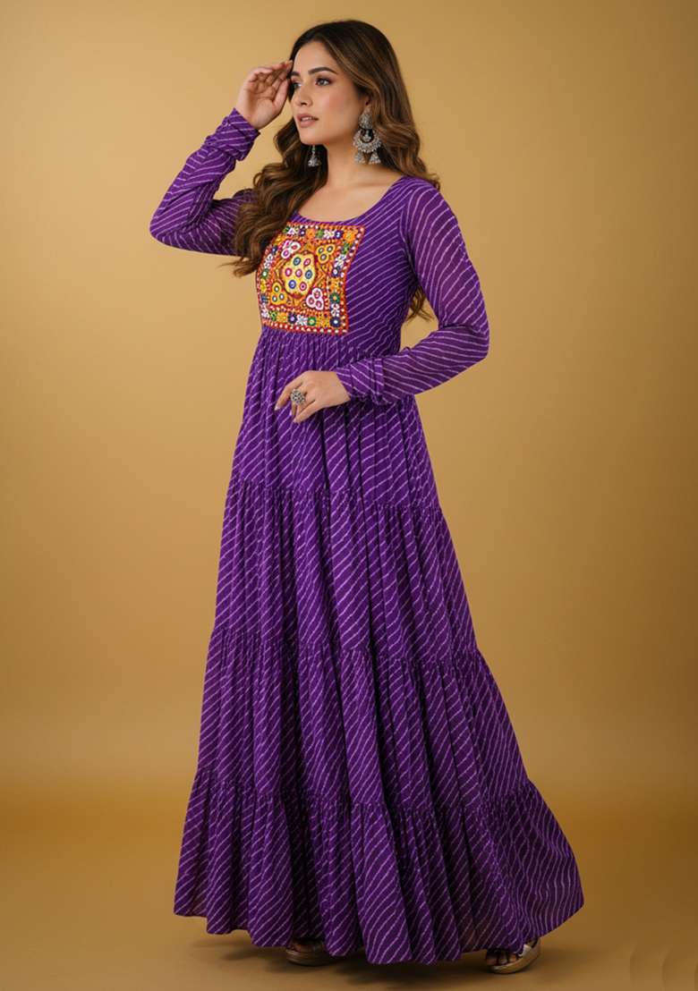 Purple Motif Georgette Gown - Indya