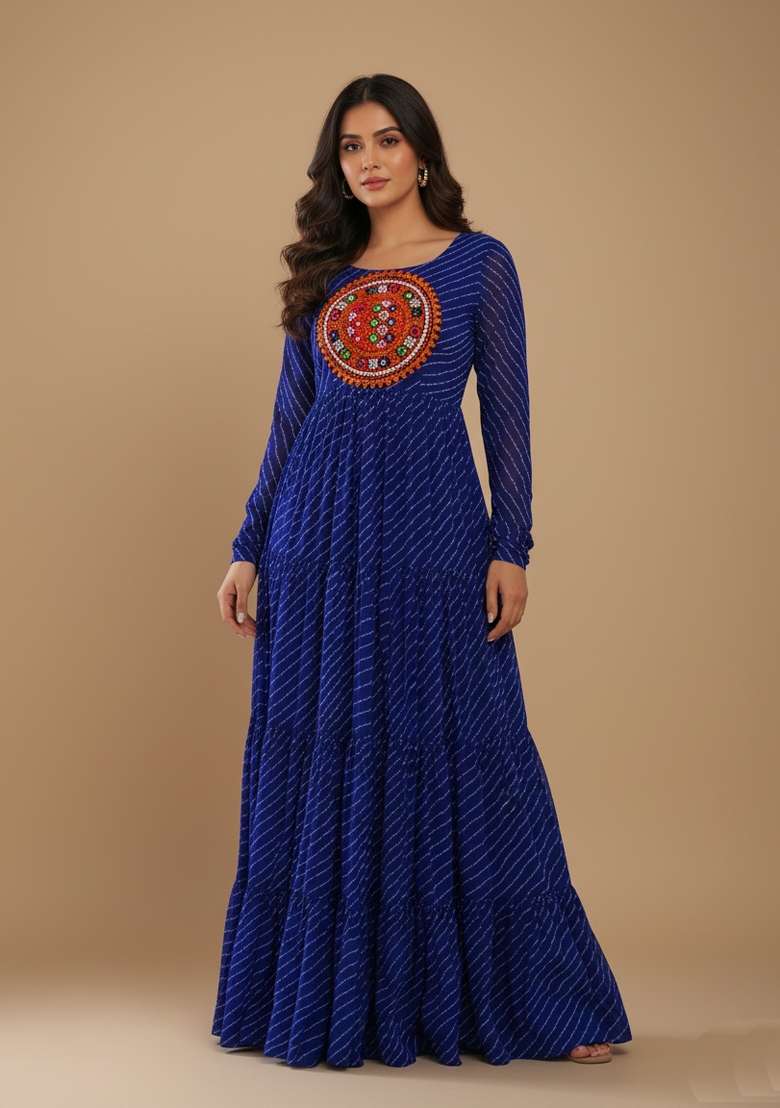 Navy Blue Motif Georgette Gown - Indya