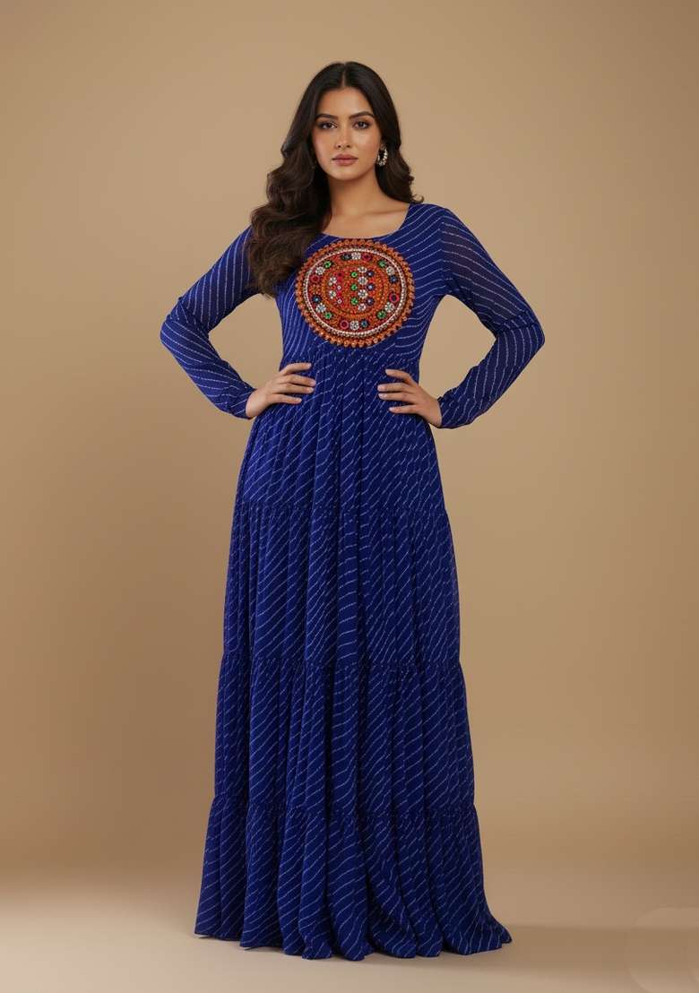 Navy Blue Motif Georgette Gown - Indya