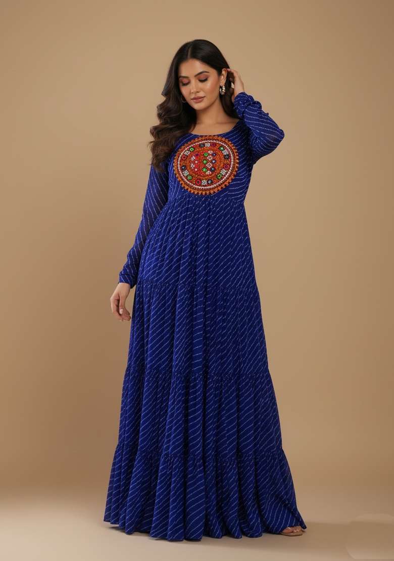 Navy Blue Motif Georgette Gown - Indya