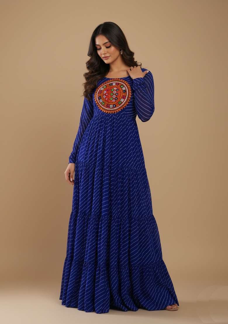 Navy Blue Motif Georgette Gown - Indya