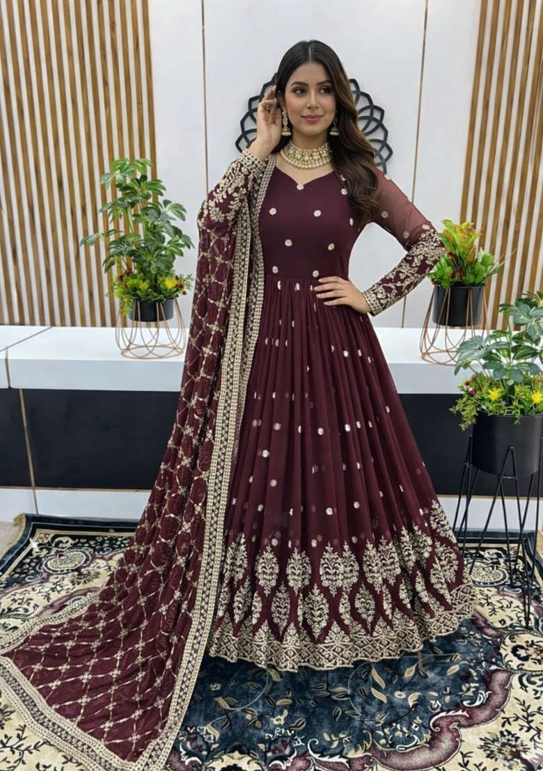 Maroon Embroidered Georgette Gown With Dupatta - Indya