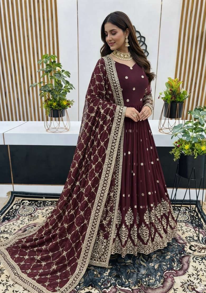 Maroon Embroidered Georgette Gown With Dupatta - Indya