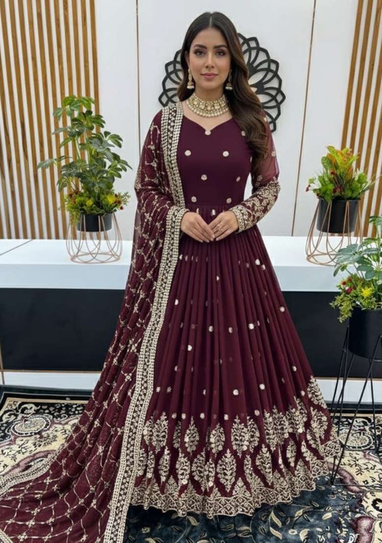 Maroon Embroidered Georgette Gown With Dupatta - Indya