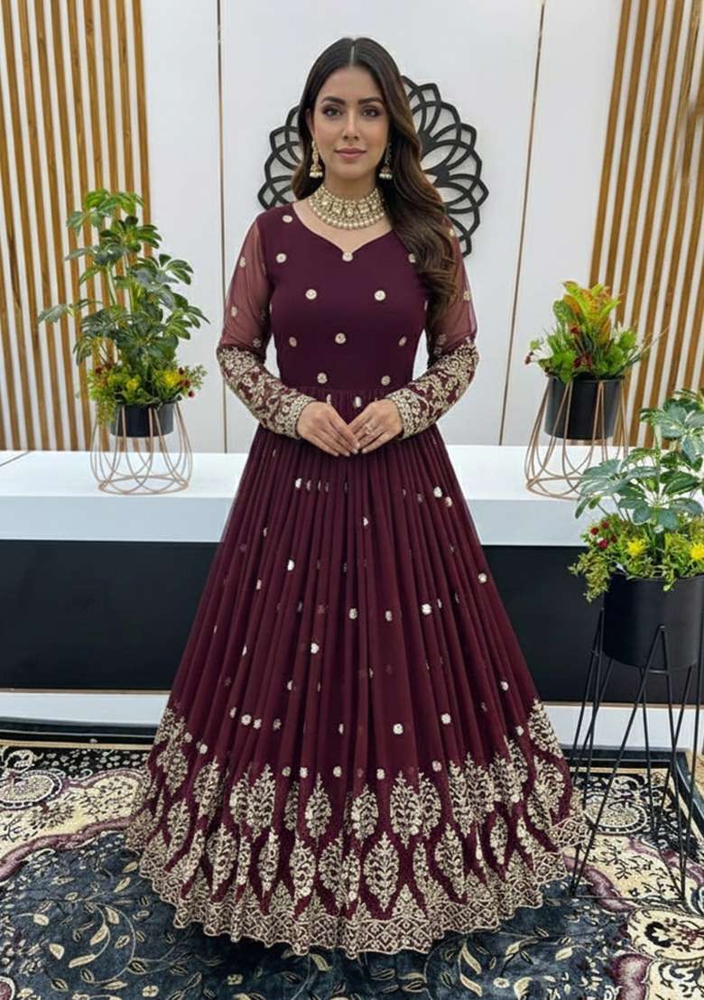 Maroon Embroidered Georgette Gown With Dupatta - Indya