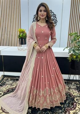 Peach And Pink Embroidered Georgette Gown With Dupatta