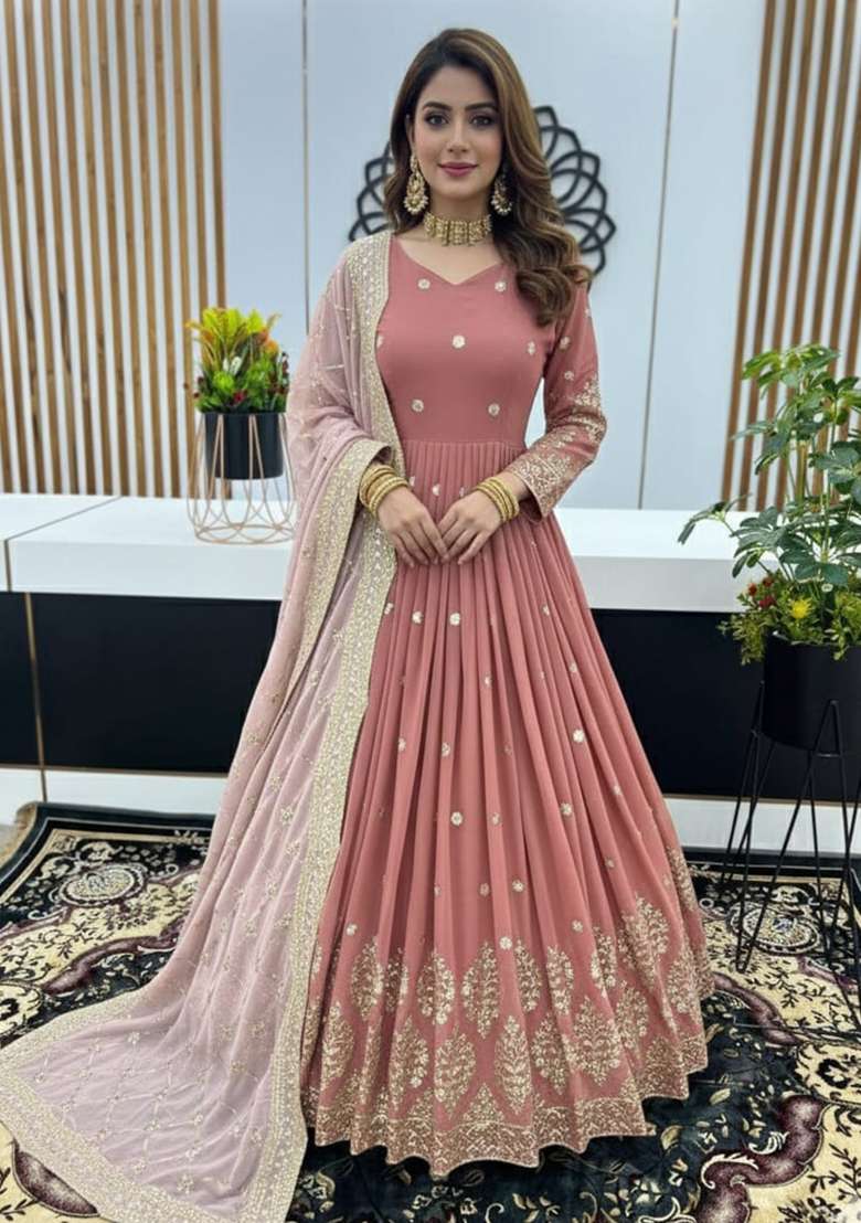 Peach And Pink Embroidered Georgette Gown With Dupatta - Indya