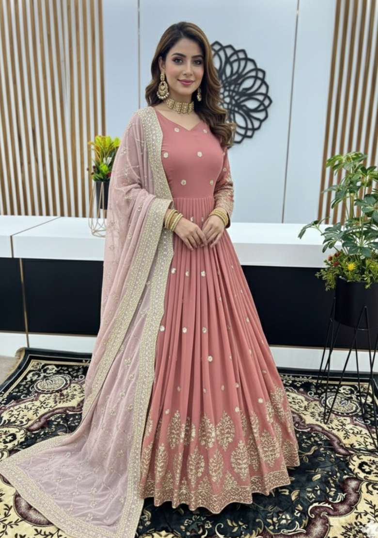 Peach And Pink Embroidered Georgette Gown With Dupatta - Indya