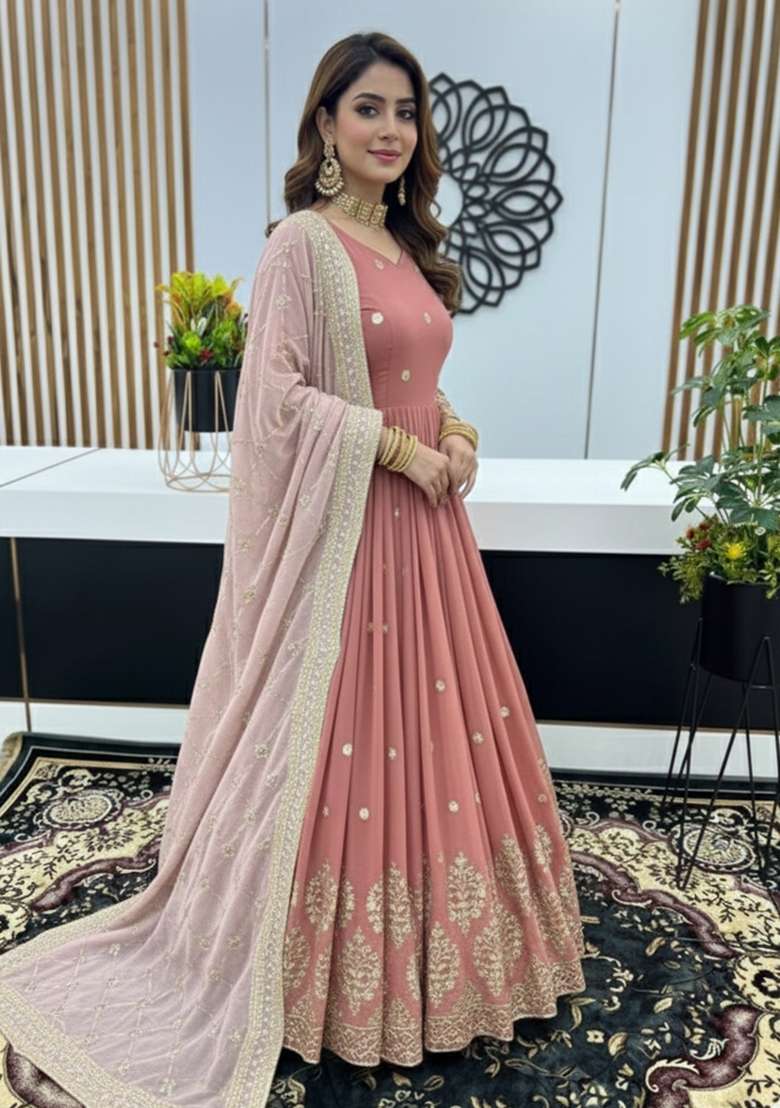 Peach And Pink Embroidered Georgette Gown With Dupatta - Indya