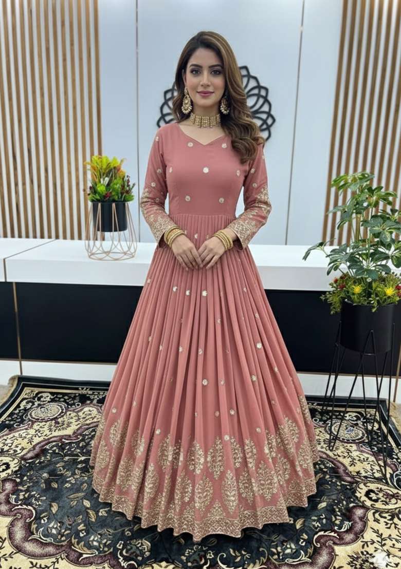 Peach And Pink Embroidered Georgette Gown With Dupatta - Indya