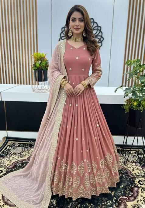 Peach And Pink Embroidered Georgette Gown With Dupatta