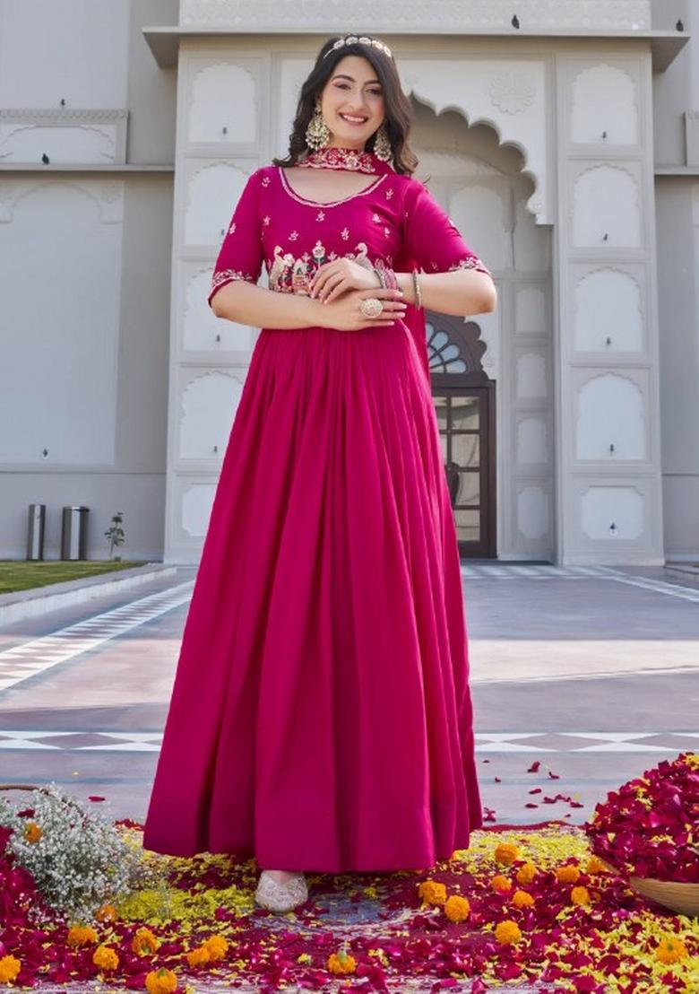 Pink Embroidered Crepe Gown With Dupatta - Indya